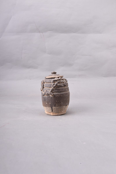 明褐釉堆塑龙纹带盖陶罐